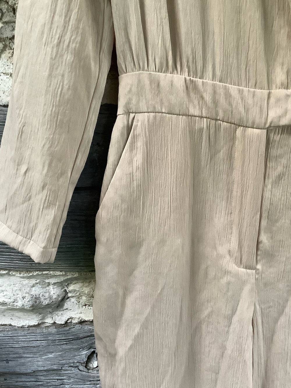 Zara Neutral Beige V-Neck Long Sleeve Jumpsuit - Picture 4 of 8